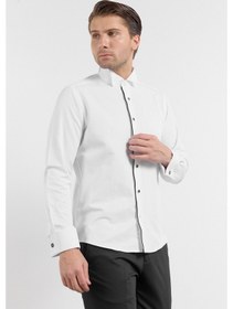 Resim İmza Beyaz Uzun Kol Ata Yaka Düz Pamuklu Slim Fit Gömlek 1004260215 