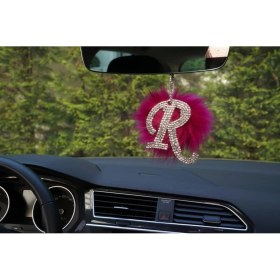 Resim Swarovski Gümüş Taşlı Dikiz Ayna Kolye Süsü Pembe Tüylü R Harfi 