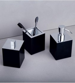 Resim DİZAYNAKS Kare Mat Siyah Parlak Krom Sıvı Sabunluk Diş Fırçalık Pamukluk Seti 