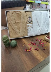 Resim Çeyizlik Aile Bornoz Seti 4 Parça Cappucino Beyaz Çok Renkli 