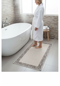 Resim Kaymaz Taban Dikdörtgen Banyo Paspası Yüksek Emici Pamuk Dokuma Banyo Halısı Açık Bej 