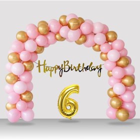Resim 6 Yaş Retro Gold Pembe Balon Happy Birthday Banner Gold Rakam Doğum Günü Süsleme Çok Renkli 