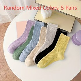 Resim 5 Çift Dört Mevsim Orta Baldır Kadın Çorapları, Trendy Yeni Moda Tatlı Şeker Renkli Sevimli Fikir Gaze Tüm Eşleşen Rahat Rahat Uzun Çoraplar 