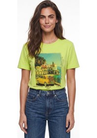 Resim Onloox Kadın Fıstık Yeşili Fıstık Yeşili Pamuklu Bisiklet Yaka Kısa Kollu Italy Temalı Baskılı Premium Tasarım T-shirt 