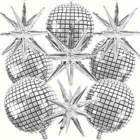Resim 9 Adet Büyük 4D Metal Gümüş Disco Alüminyum Folyo Balonlar, Parlak Yıldızlar, Kendinden Kapanan, Çeşitli Renklerde, Düğün, Doğum Günü, Bekarlığa Veda Partisi, Yetişkin Dönüm Noktası, Noel Kutlaması Dekoru, Kıvırcık Kurdele ile, Güç Gerekmez 