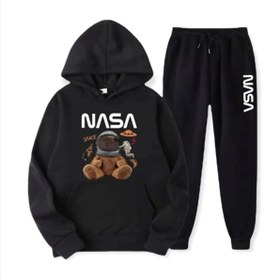 Resim ELSİ 3 Iplık Siyah Kapüşonlu Unısex Nasa Ayıcık Baskılı Eşofman Takımı 