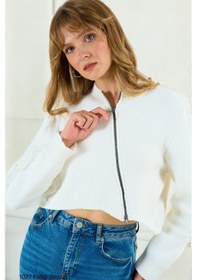 Resim Kadın Ekru Crop Püskül Detaylı Hırka 