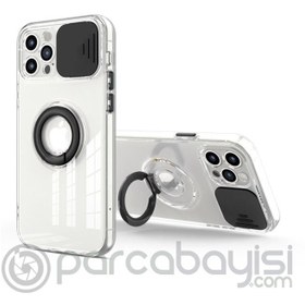 Resim Ally iPhone 11 Pro Max 6.5inç Kılıf Sürgülü Kamera Lens Korumalı Yüzük Standlı Silikon Kılıf 