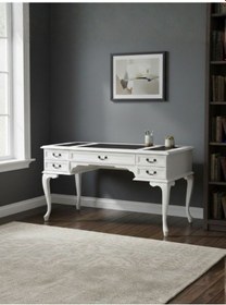 Resim Realm Fransız Retro Deri Ahşap Çalışma Masası 75x140 Beyaz - Siyah 
