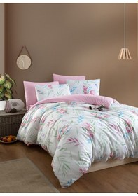 Resim Mystory Home Lastikli Çarşaflı Çift Kişilik Nevresim Takımı Tulip Pembe - Yeşil 