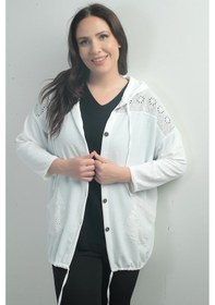 Resim By Saygı Kadın Kapüşonlu Önü Düğmeli Cepli Fistolu Büyük Beden Hırka-40861 Ekru 