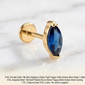 Resim 316L Cerrahi Çelik Altın Kaplama Tragus Helix Küpe Piercing Kararmaz Alerji Yapmaz Zirkon Taşlı Küpe Bar 8 mm Unisex Tekli Küpe Kadın Erkek Uyumlu Cartilage Kıkırdak Piercing 
