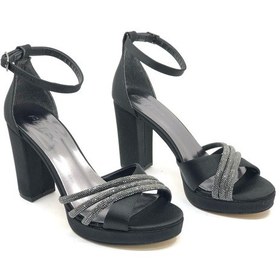 Resim Feles Çapraz Üç Şerit Taşlı 10 Cm Platform Topuklu Kadın Abiye Ayakkabı Siyah-saten 