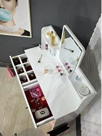 Resim Hey Modüler Mobilya 2 Çekmeceli Takı Düzenleyici ve Raflı Organizer Beyaz 104 CM Aynalı Makyaj Masası 