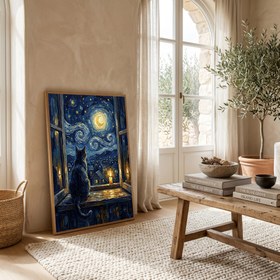 Resim Cat at Candlelit Window Print - Van Gogh Starry Night Village Wall Art - Just Poster / 12 x 16" (30x40 cm) 
