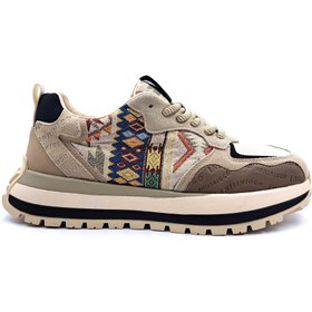 Resim Guja Hakiki Deri Ve Tekstil Etnik Desenli Erkek Bej Sneaker Spor Ayakkabı 