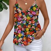 Resim Şık Kadınların Basit Çiçek Desenli Askılı Backless Kolsuz Spagetti Askılı Hafta Sonu Rahat Polyester Üst 