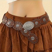 Resim Kadınlar için Punk Gotik Bohem Vintage Kemer, Oymalı Oval Toka & Kazınmış Çiçekli Perçin Detayları - Kahverengi PU Deri Ayarlanabilir Bel Bağcığı Elbiseler, Kot Pantolonlar, Günlük Kullanım, Partiler, Düğünler, Parti Aksesuarı, Kabartmalı Metal İşlemeli 