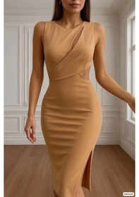 Resim Defymoda Kadın Goğüs Detaylı Sırt Dekoltelı Yırtmaç Detaylı Scuba Elbise Hardal 