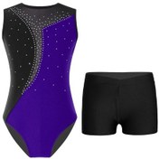 Resim Mor&siyah Çocuk Kız Kolsuz Yuvarlak Yaka Jimnastik Mayoları Şortlu Kıyafetler Atletik Dans Biketard Mor - Siyah 