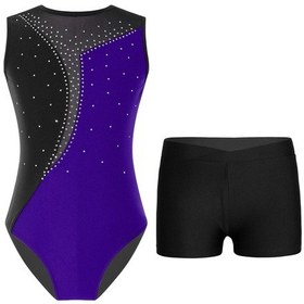 Resim Mor&siyah Çocuk Kız Kolsuz Yuvarlak Yaka Jimnastik Mayoları Şortlu Kıyafetler Atletik Dans Biketard Mor - Siyah 