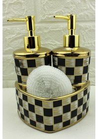 Resim 2 Hazneli Kalp Model Porselen Mutfak 400ml Set Sıvı Sabunluk Damalı Fırçalı 19903 