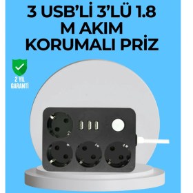 Resim Pilelistore- 3 USB Çıkışlı 4’lü Akıllı Priz 2500W 2 Metre Kablo 