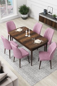 Resim Canisa Par Serisi 70x114, Açılabilir Mdf Yemek Masası Barok Ahşap Desen Masa Ve 6 Pembe Sandalye Takımı 