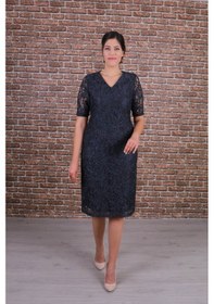 Resim Nidya Moda Büyük Beden Kadın Gri Dantel Elbise-4161G Gri 