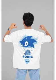 Resim Sonic Baskılı Unisex Oversize Çizgi Film Tişört Beyaz 