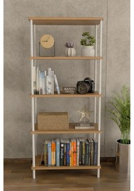 Resim 5 Raflı Modern Metal Gövdeli Kitaplık Çevir-tak Kolay Kurulum Çalışma Odası, Salon, Ofis Kullanımı Atlantik Çam 