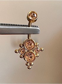 Resim 316 L Cerrahi Çelik Bal Rengi Yuvarlak Zirkon Taşlı Model Göbek Piercingi Kırmızı 