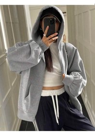 Resim Harmandar Baskısız Kadın Gri Cepli Kapüşonlu Fermuarlı Sweatshirt Hırka Grihirka 