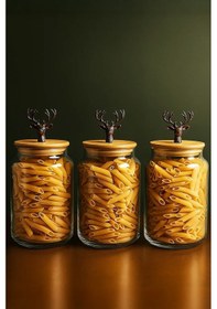 Resim 3 Lü Bambu Kapaklı Metal Geyik Figürlü Kavanoz Seti - Orta Boy Saklama Kabı 890cc - Siyah Siyah 