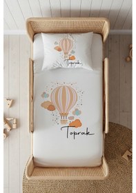 Resim %100 Pamuk Saten İsme Özel İsimli 100x200 Tek Kişilik Lastikli Çarşaf Seti Turuncu Balon Beyaz 