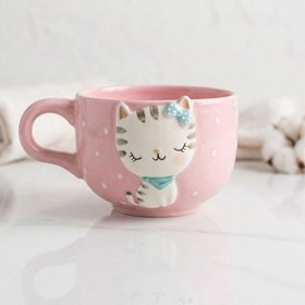 Resim 3d Kabartmalı Kedi Figürlü Pembe Seramik Kupa - Estetik Puantiyeli Kahve Fincanı Diğer 