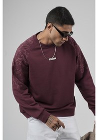 Resim Reglan Kol Omuzları Baskılı Oversize Kesim Erkek Sweatshirt Bordo 