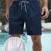 Resim Erkek Deniz Mavi Hawaii Baskılı Plaj Şortları, Bağcıklı Bel ve Cep Detayları ile - Hızlı Kuruyan, Nefes Alabilen Polyester, Tatil, Tarih ve Rahat Geziler için Mükemmel, Havuz Kenarı Kıyafeti | Rahat Kesim Şortlar | Hafif Şortlar 