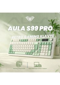 Resim Aula S99 Pro Retro Rgb Gaming Bluetooth 2.4ghz Type-c 3 Mod Kablosuz Makrolu Türkçe Q Oyuncu Klavye Yeşil 