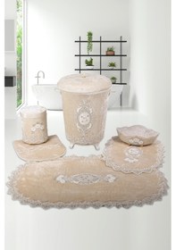 Resim Lisa Vizon 6'lı Çeyizlik Dantelli Banyo Paspası Sepet Seti Vizon 