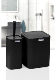 Resim Okyanus Home Mina Siyah Çizgili Kare 2'li Wc Kova Ve Fırça Seti Siyah 