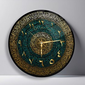Resim Yeşil Gold İslami Hat Sanatı Cam Duvar Saati - 80*80 Cm 