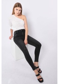 Resim Kadın Antrasit Dizi Yırtık Süper Skinny Fit Jean Pantolon 001 