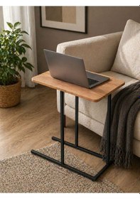 Resim Uykula C Şekilli Laptop Sehpası Metal Ayaklı Ahşap Üst Tabla, Koltuk Altına Giren Modern Yan Sehpa Siyah 