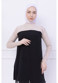Resim Loggia Balıkçı Yaka Boyunluklu Kolluk Bej - Likralı Dik Yakalı Kadın Body Tesettür Crop Bolero Bej 