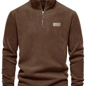 Resim Peluş Yarım Fermuarlı Kazak Ceket - Kışlık Sıcak Palto Yaka & Altın Tonlu Fermuar, Makinede Yıkanabilir Günlük Dış Giyim, Siyah/Kahverengi, Soğuk Hava İçin Normal Kalıp (Ceket Altında Toplu Değil) 