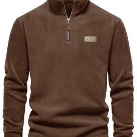 Resim Peluş Yarım Fermuarlı Kazak Ceket - Kışlık Sıcak Palto Yaka & Altın Tonlu Fermuar, Makinede Yıkanabilir Günlük Dış Giyim, Siyah/Kahverengi, Soğuk Hava İçin Normal Kalıp (Ceket Altında Toplu Değil) 