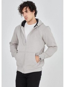 Resim Erkek Kapüşonlu Düz Fermuarlı Üç İplik Pamuklu Sweatshirt - Boyalı Gri Gri 