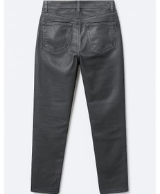 Resim Kadın Yüksek Bel Parlak Mum Kumaş Wide Leg Jean Pantolon Füme 