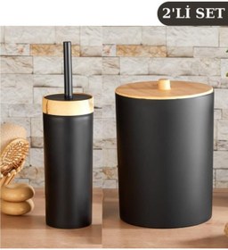 Resim Flosoft Bambu Desenli Çöp Kovası Ve Klozet Wc Fırçası 2’li Set Siyah 